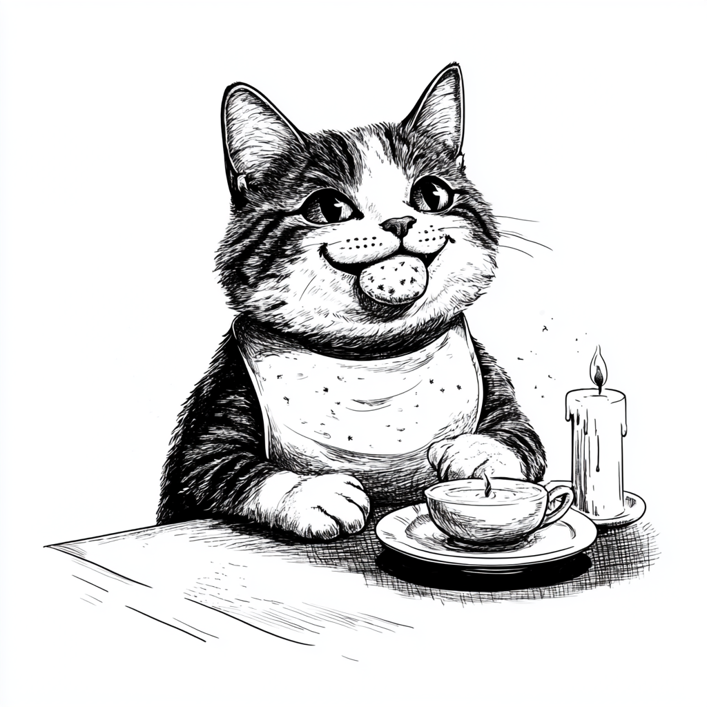 Cartoon cat enjoying noodles in fancy restaurant