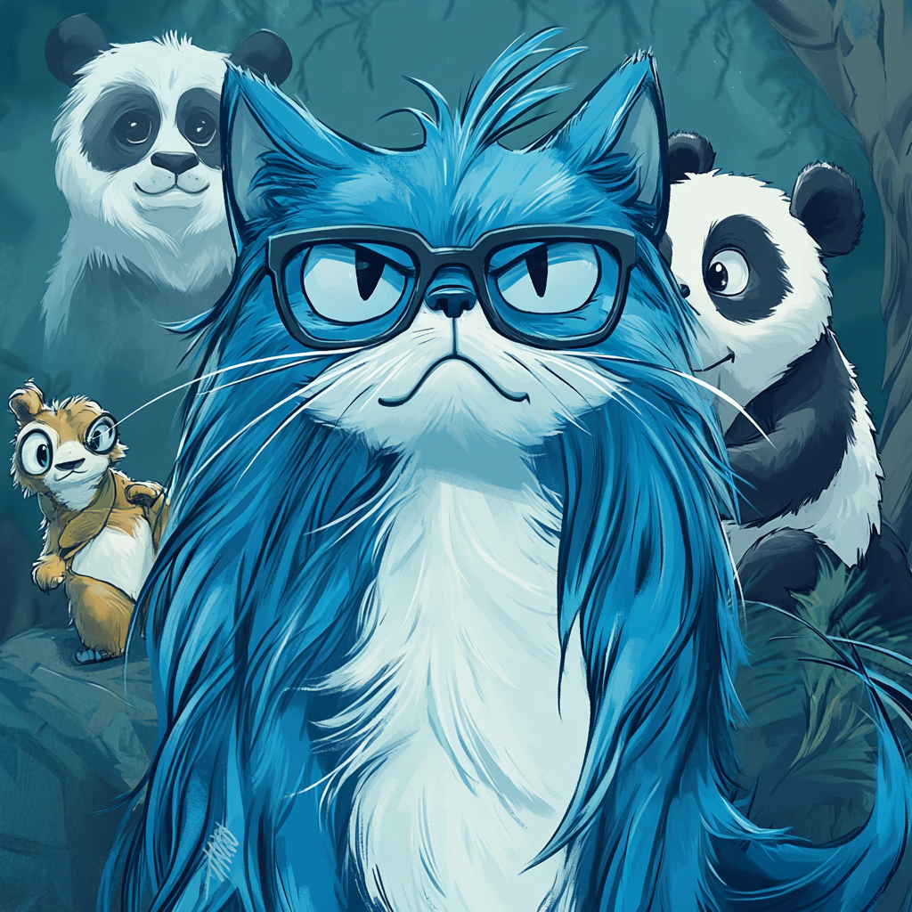 Cartoon cat with blue fur, glasses, sloth, panda.