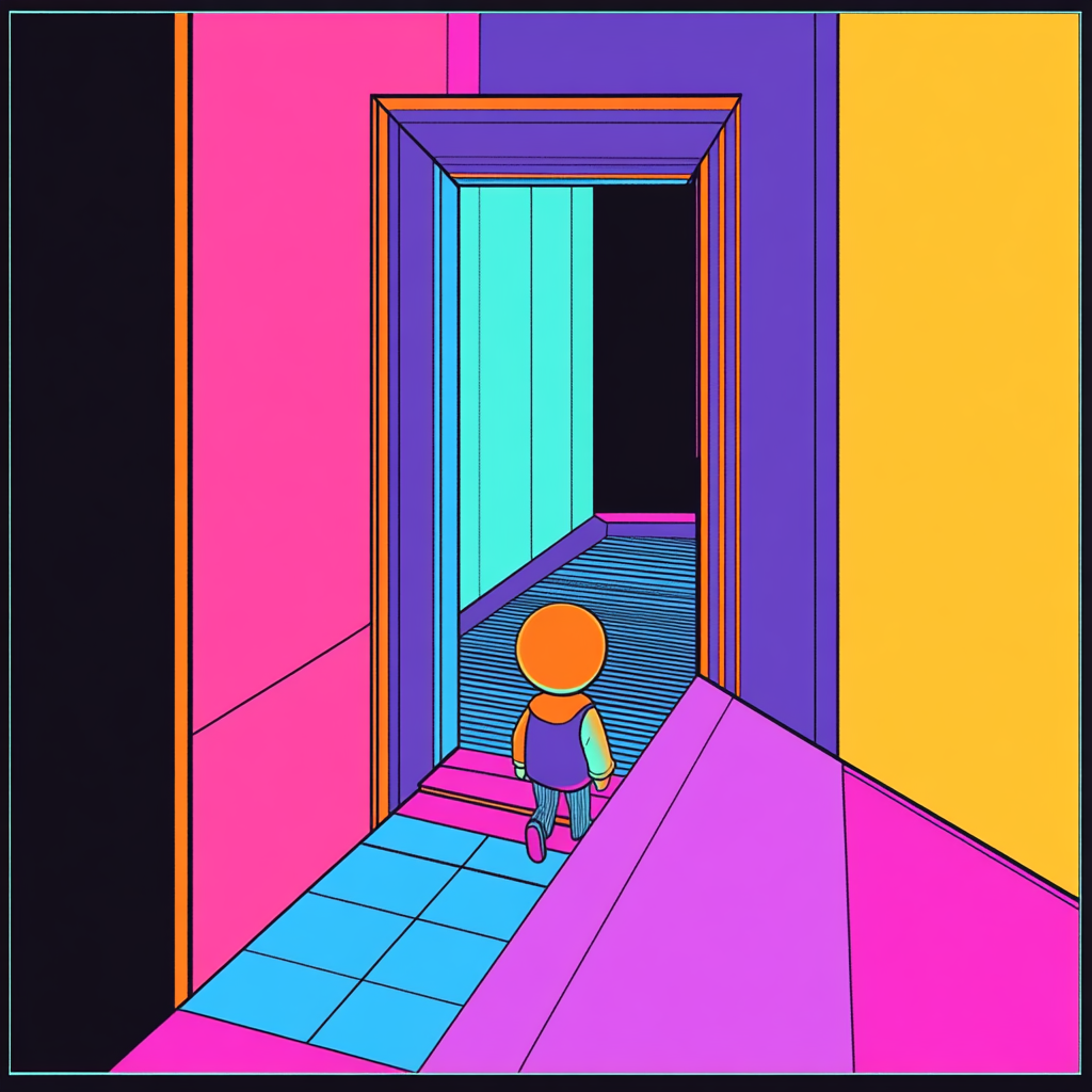 Cartoon character walks out of retro door design