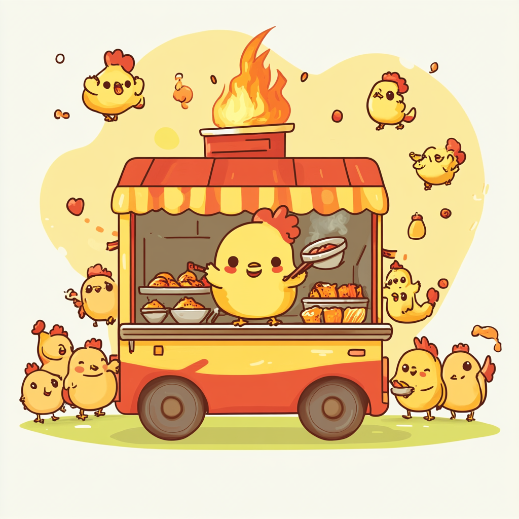 Cartoon chicken on food truck cooks for animals.