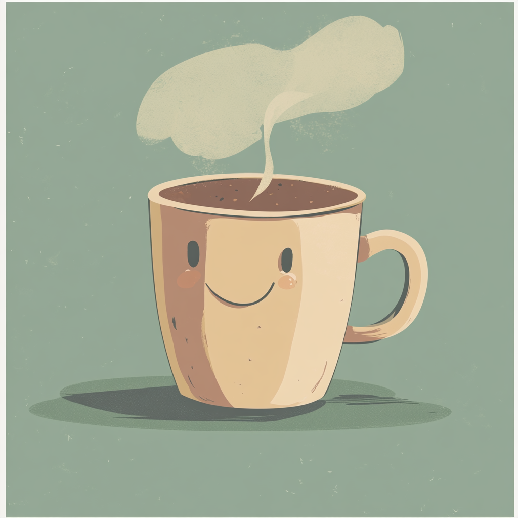 Cartoon coffee cup character with hot steam retro design.