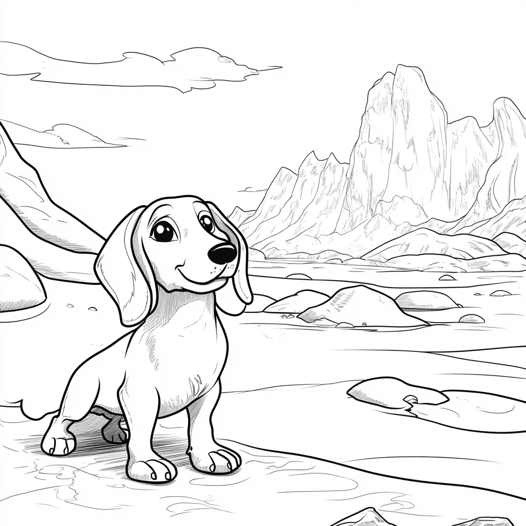 Cartoon dachshund, north pole, black and white, simple.