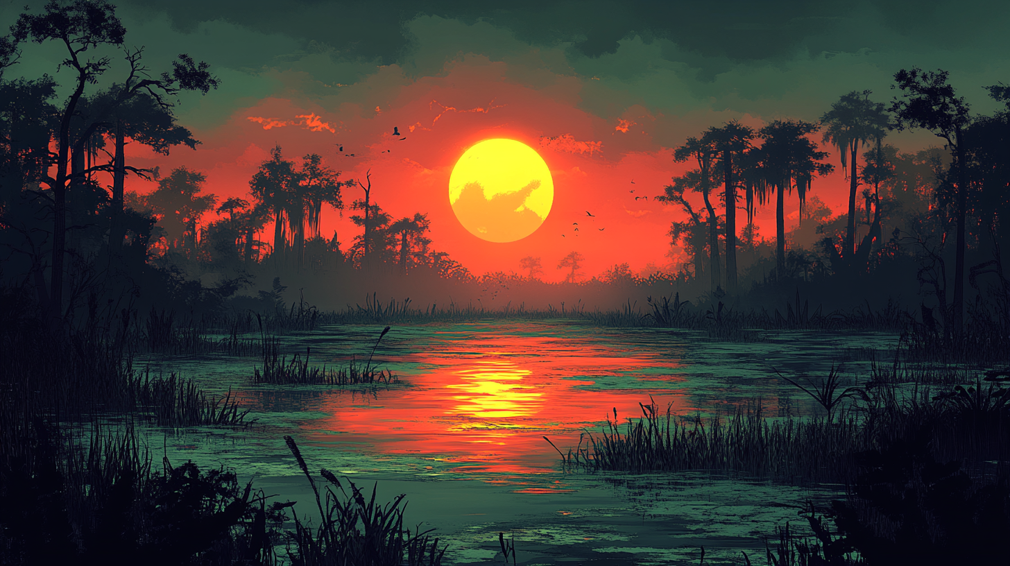 Cartoon dirty swamp illustration with playful eerie vibe