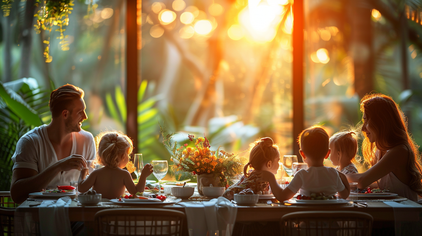 Cartoon families celebrating festive dinner together with traditions.