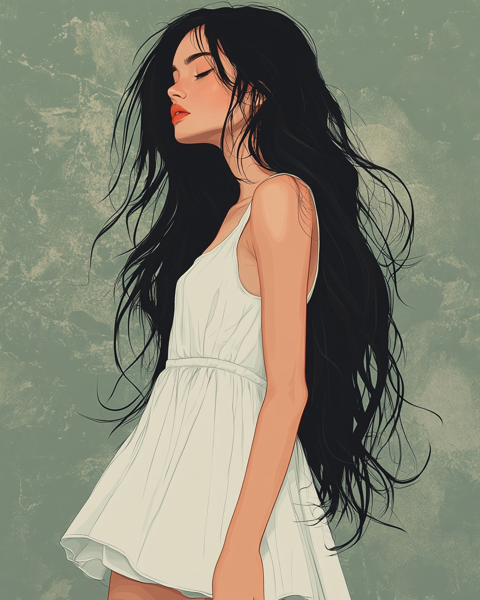 Cartoon girl in white dress with black hair.