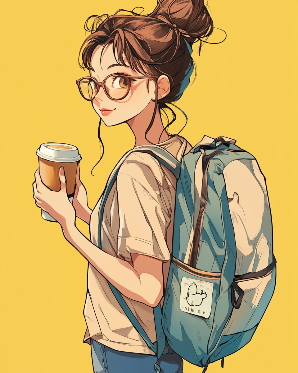 Cartoon girl with glasses, ponytail, drinking milk tea.