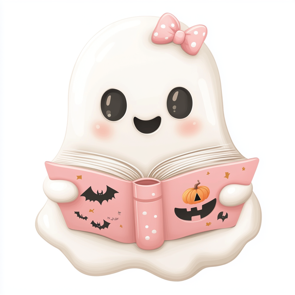 Cartoon girly ghost in pink bow, reading book.