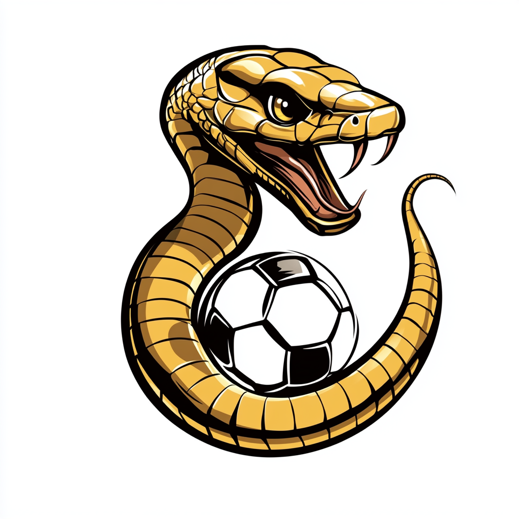 Cartoon gold cobra kicking soccer ball, logo design