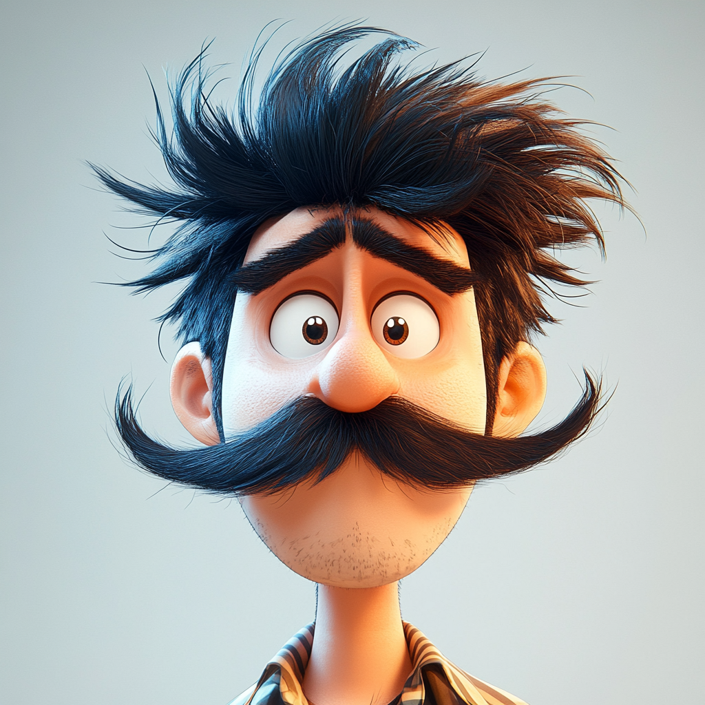 Cartoon guy with mullet mustache and spiked hair