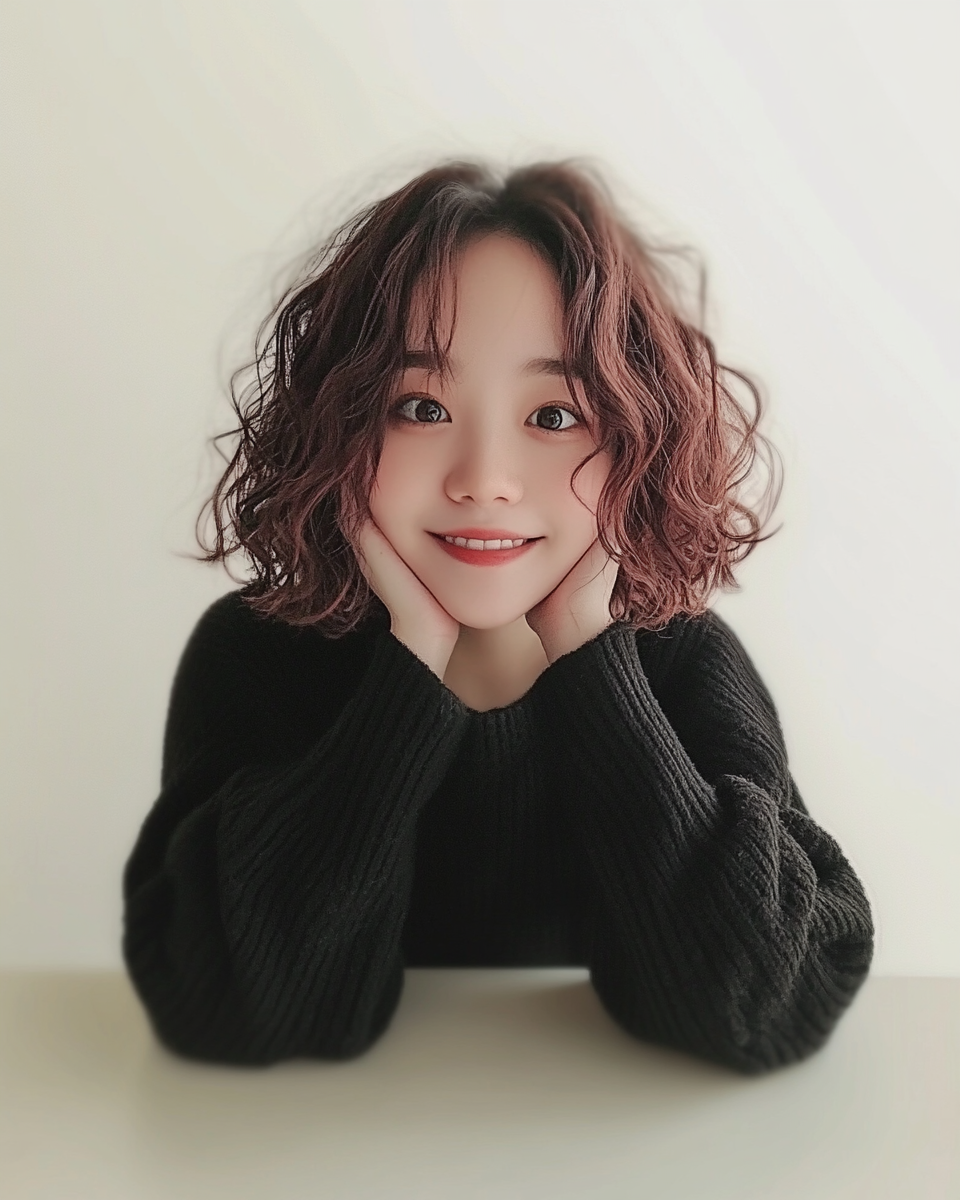 Cartoon headshot of cute Chinese girl with curly hair.