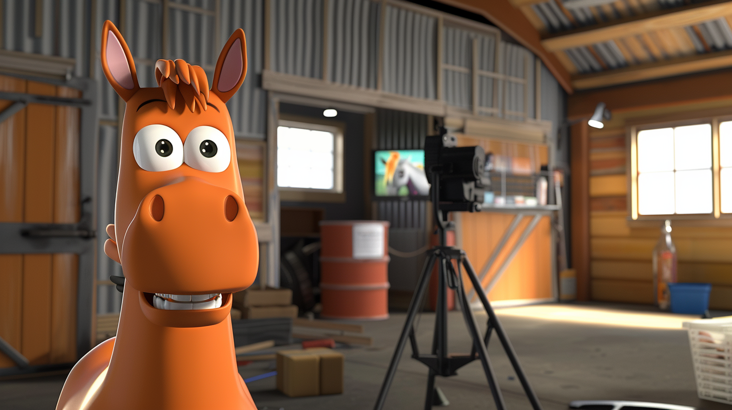 Cartoon horse at TV studio for interview.