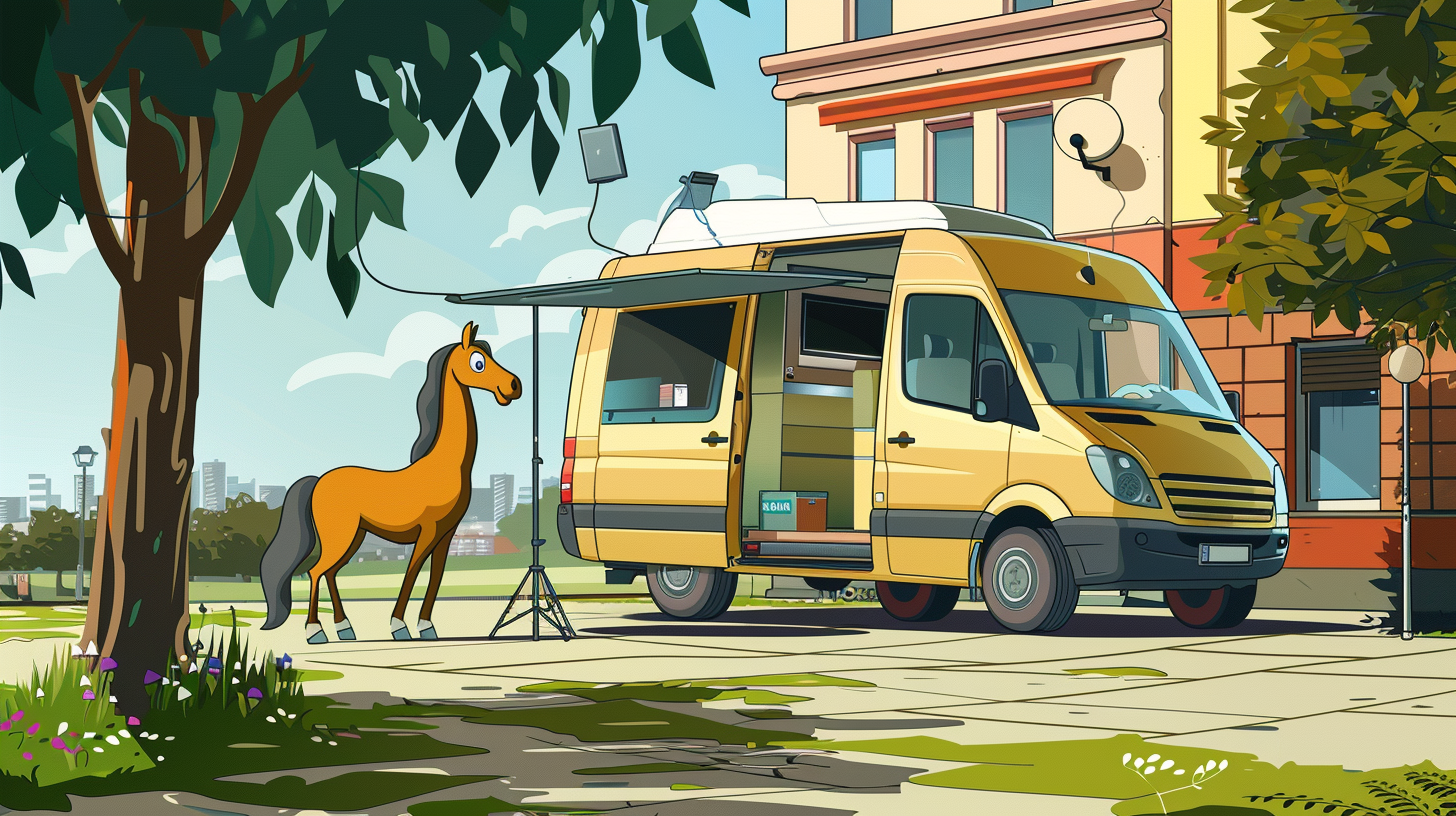 Cartoon horse beside TV production van studio.