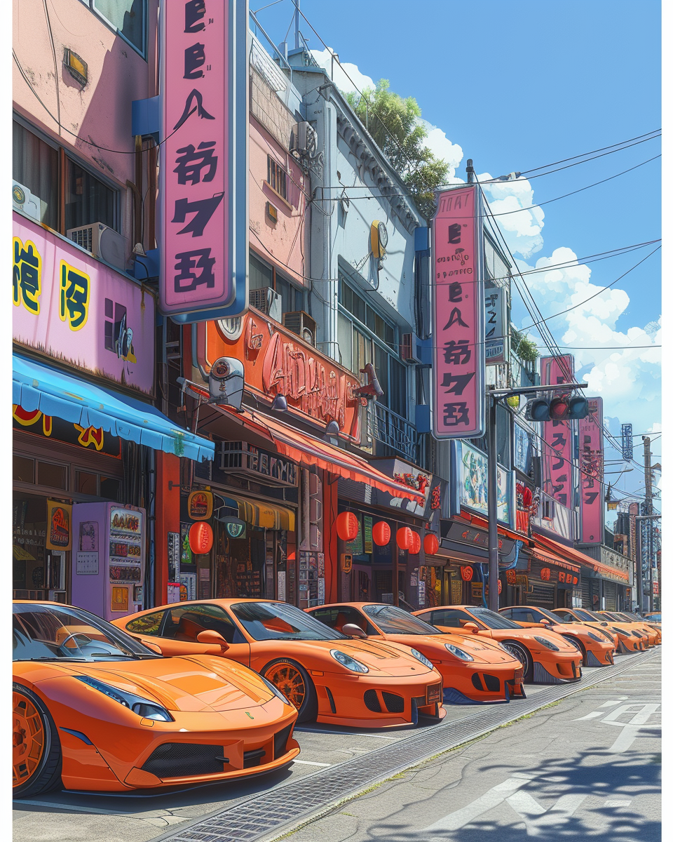 Cartoon illustration of night club with neon sign, cars.