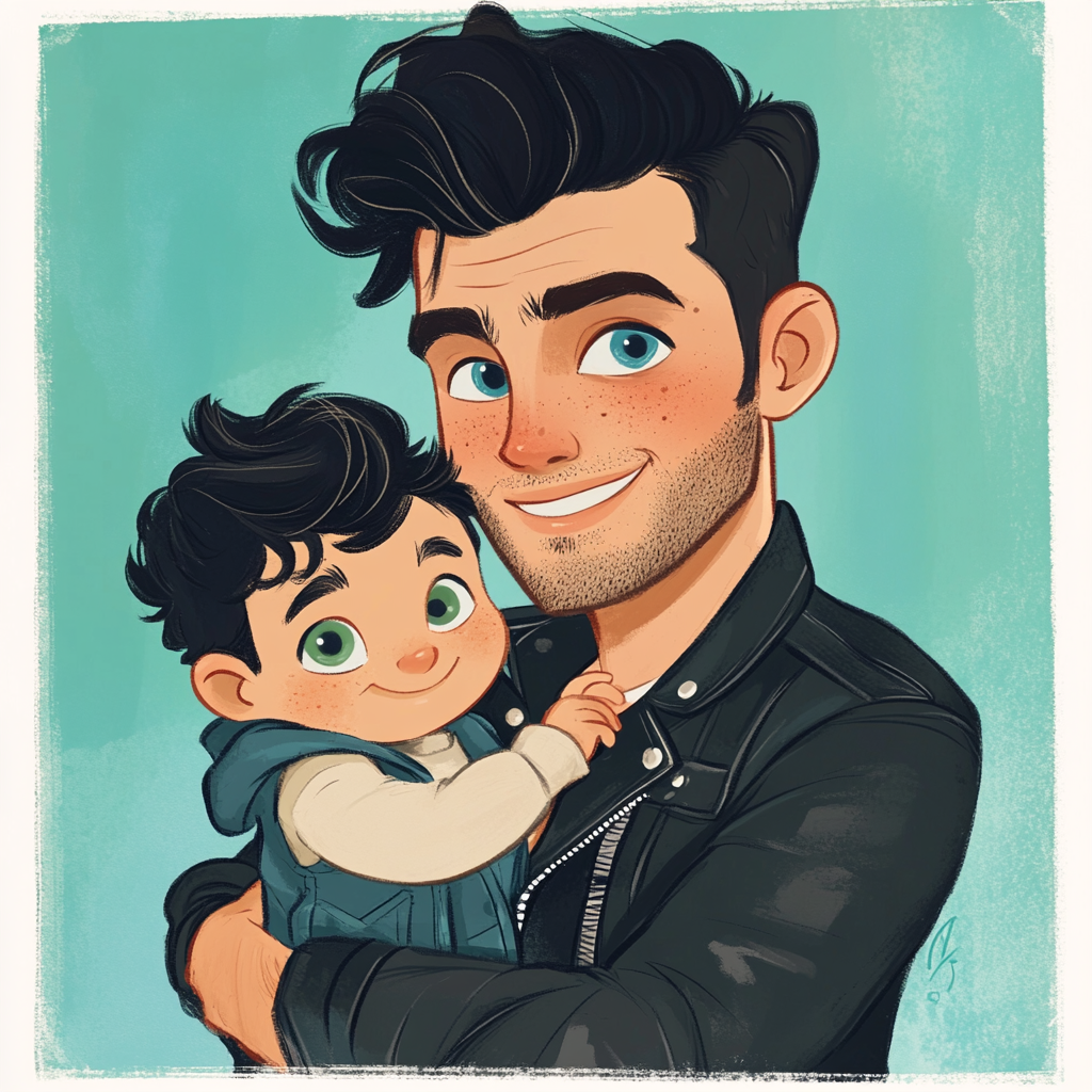 Cartoon illustration of young Italian man with blue eyes cuddling toddler in dungarees