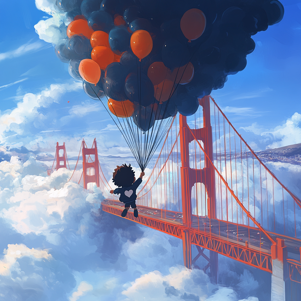 Cartoon kid in black shirt flies with balloons.