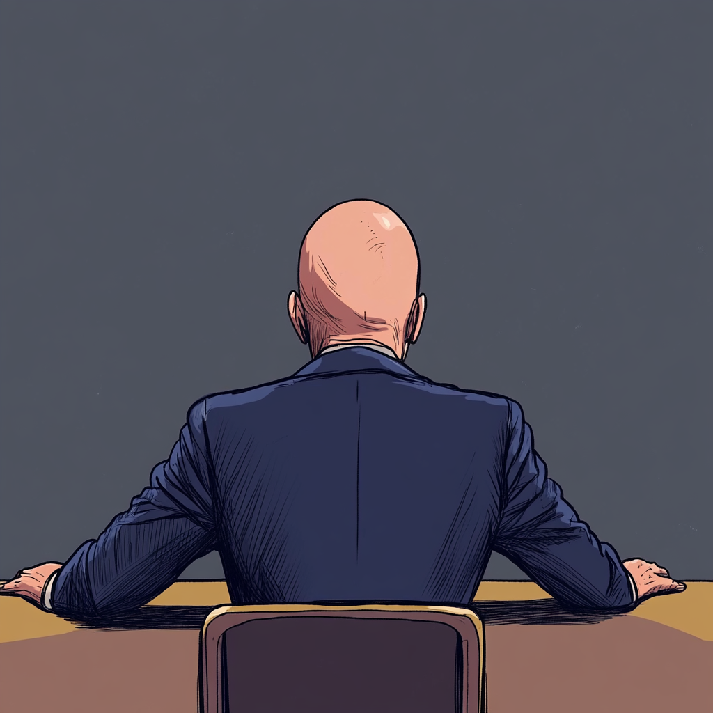 Cartoon man in dark blue suit at nice table.