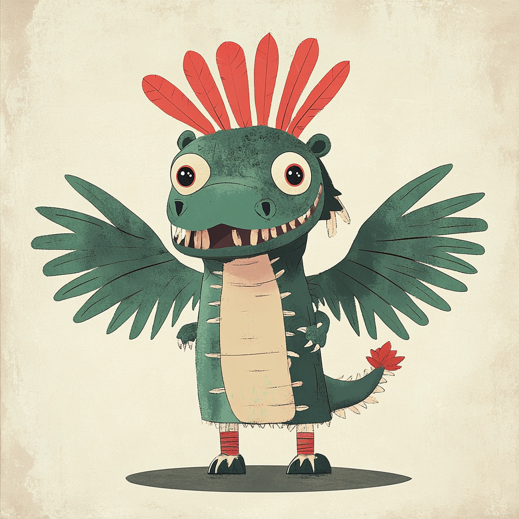 Cartoon mythical creature: crocodile head, ostrich legs, dragon tail.