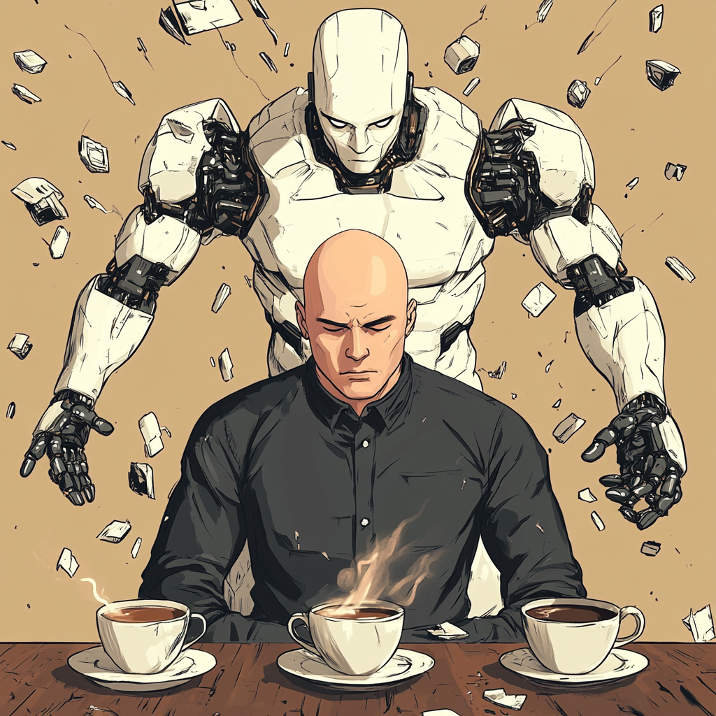 Cartoon of tired man surrounded by coffee and energetic robot