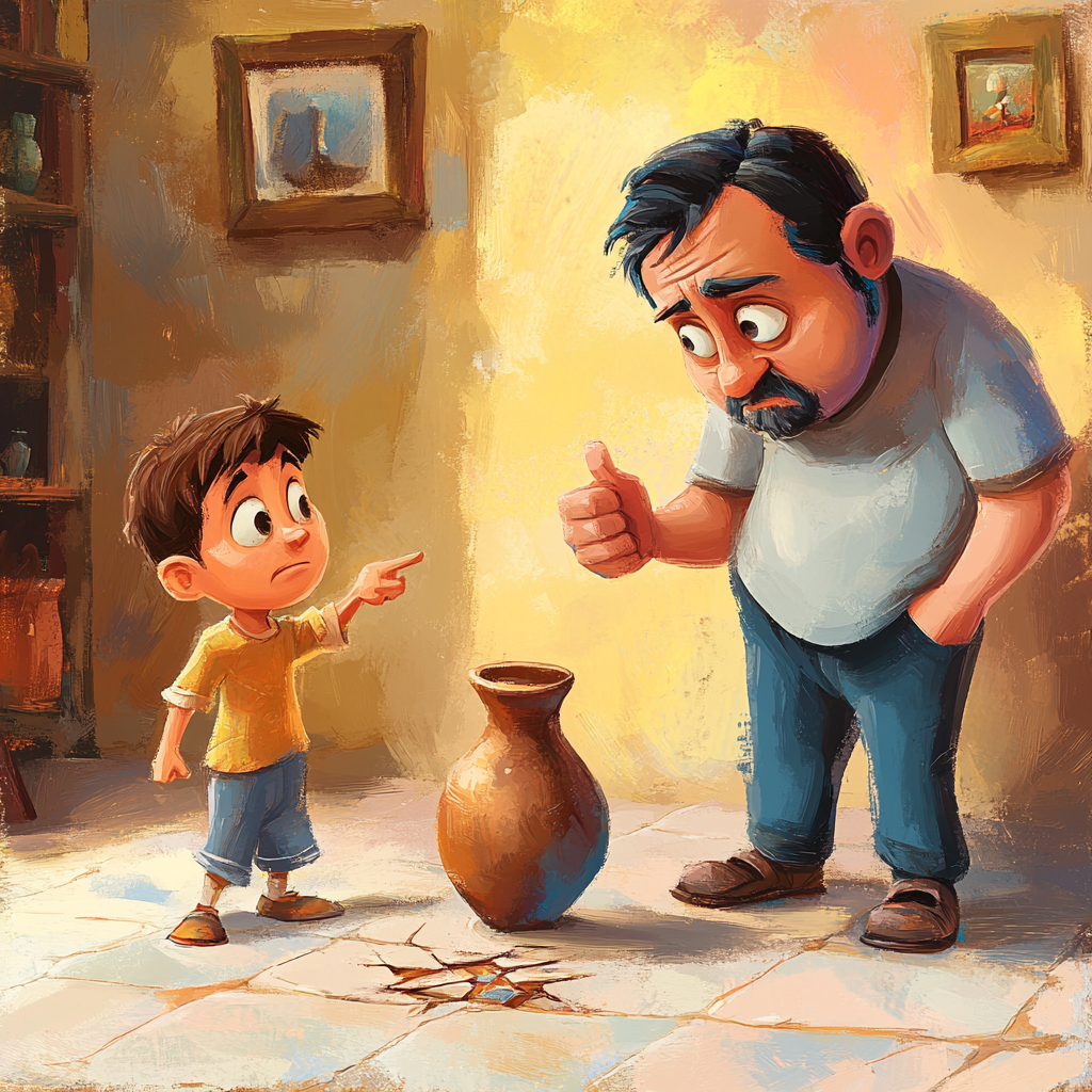 Cartoon painting of Romanian boy pointing to broken vase.