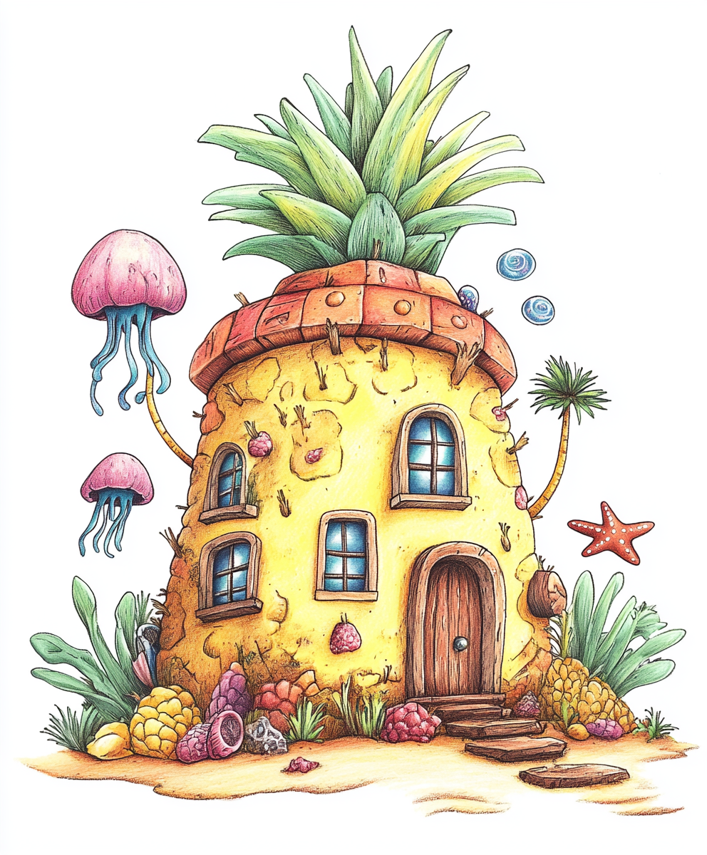 Cartoon pineapple house with starfish, jellyfish, snails.