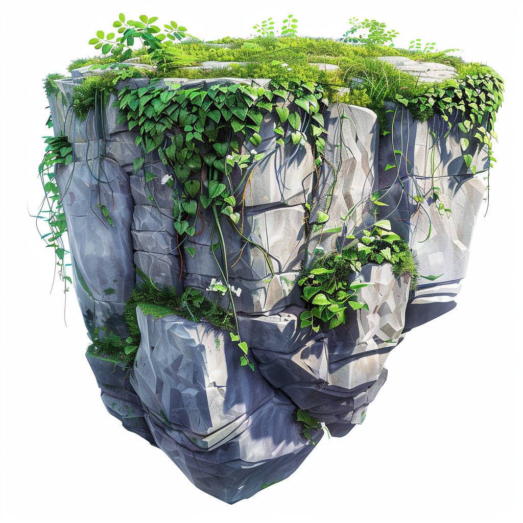 Cartoon rocky cliff with grass and vines.