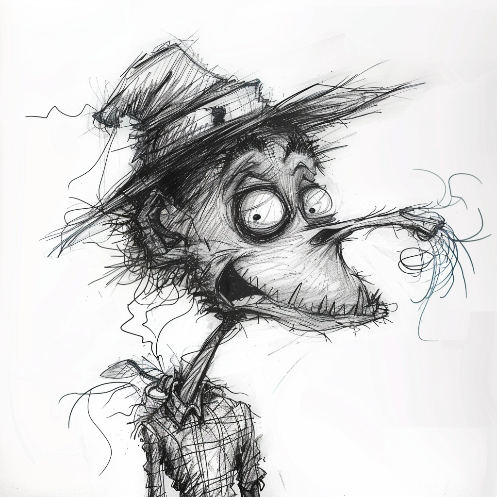 Cartoon scarecrow with thick lines, drooling, looks drunk.