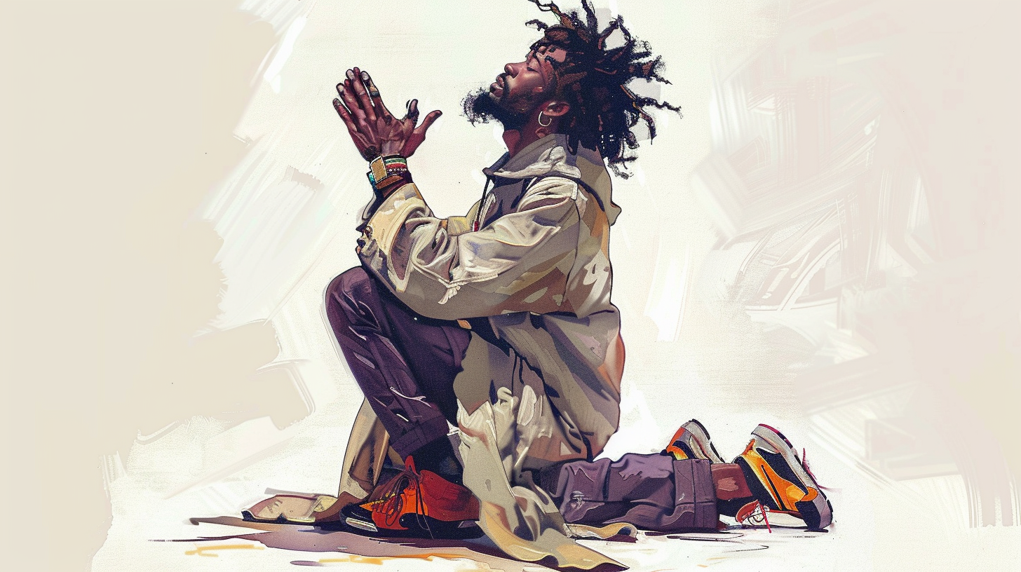 Cartoon sketch of black man praying in colorful attire.