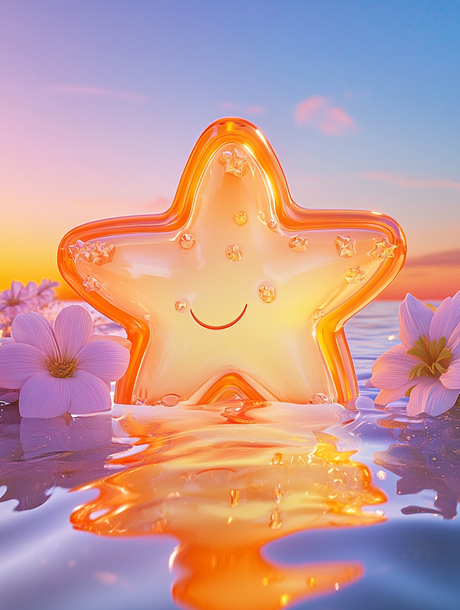 Cartoon star shape with water, flower elements in sky.