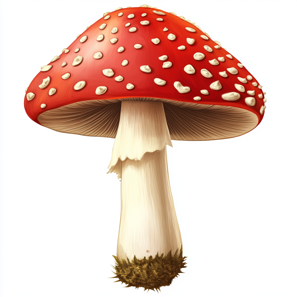 Cartoon style Amanita muscaria mushroom on white background