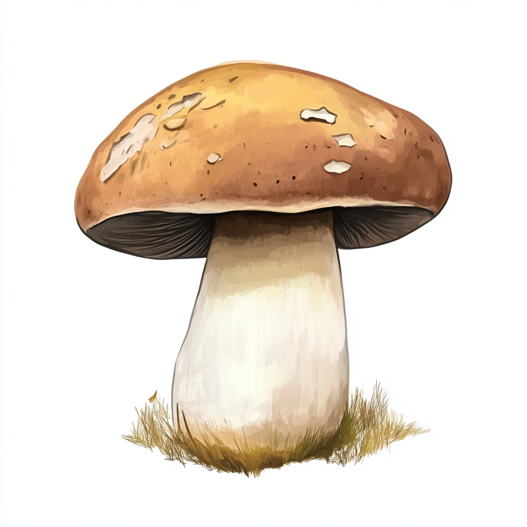 Cartoon-style Boletus Edulis with Glare on White Background