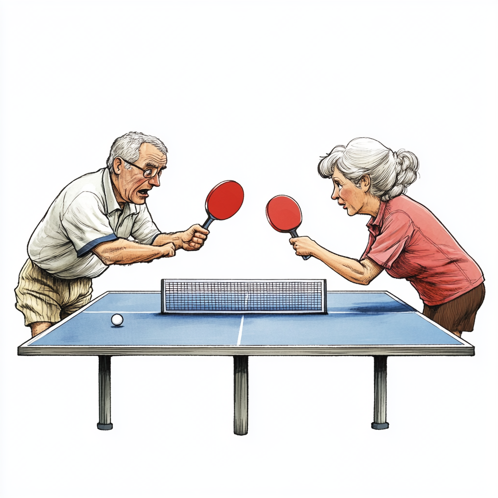 Cartoon-style Couple Playing Intense Ping Pong Together