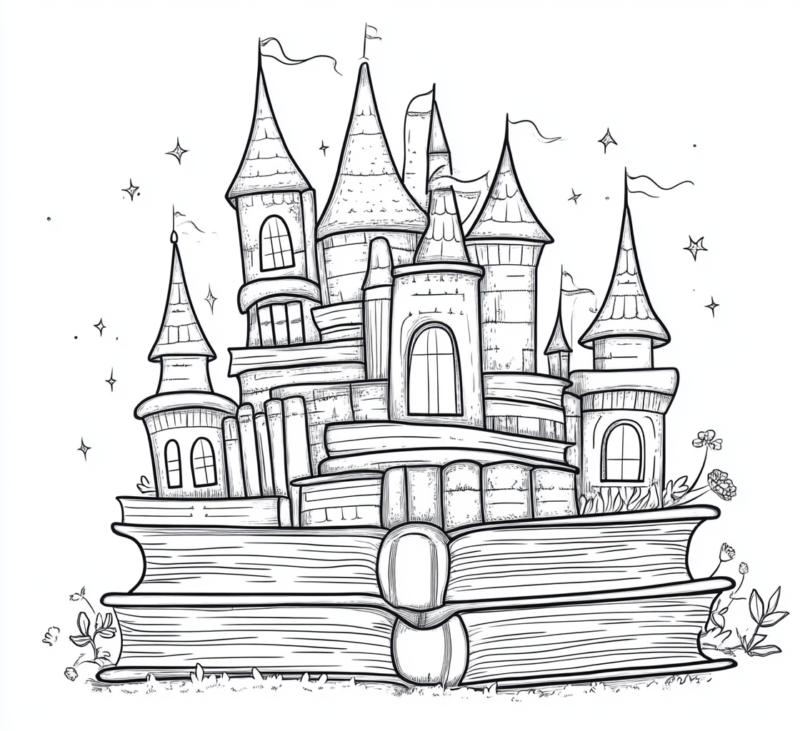 Cartoon style coloring page of fantasy castle from books.