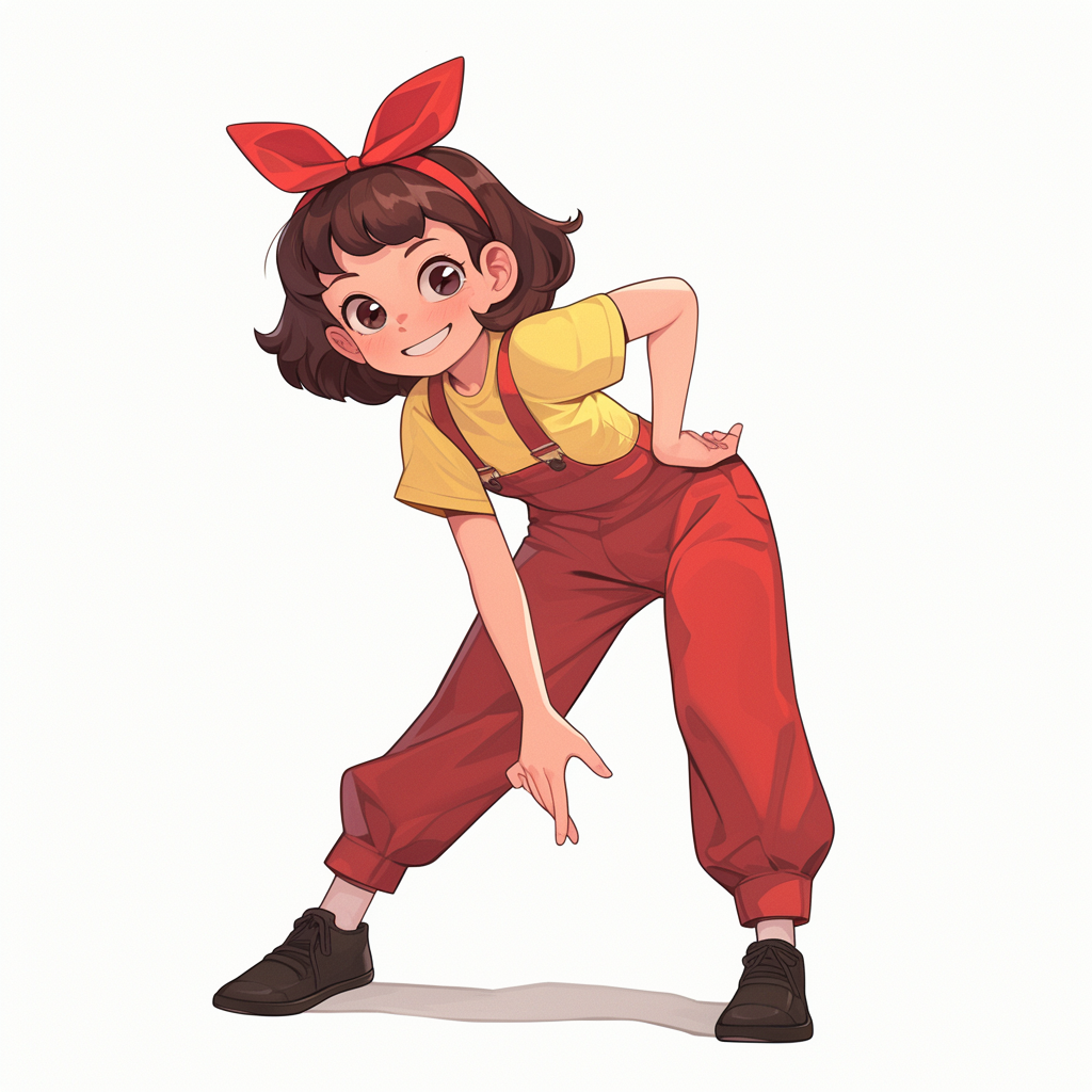 Cartoon-style confident girl with red ribbons and cheerful pose.