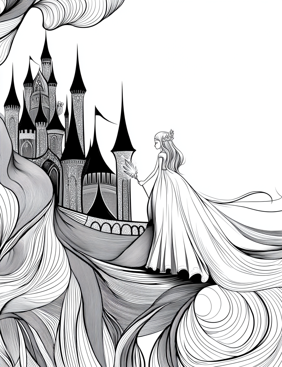 Cartoon-style princess with magic wand on castle balcony