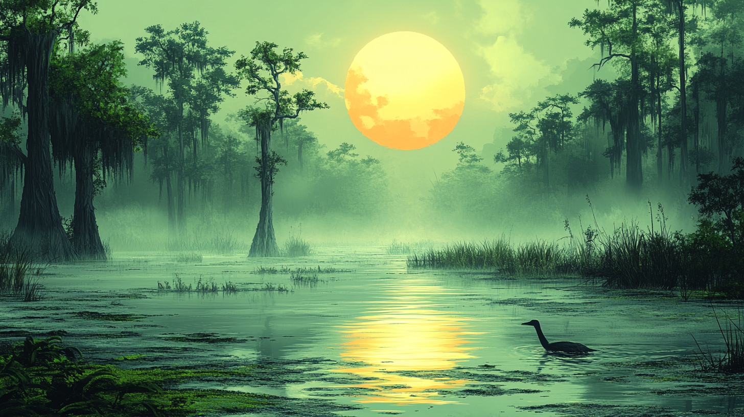 Cartoon swamp illustration reminiscent of Roadrunner style