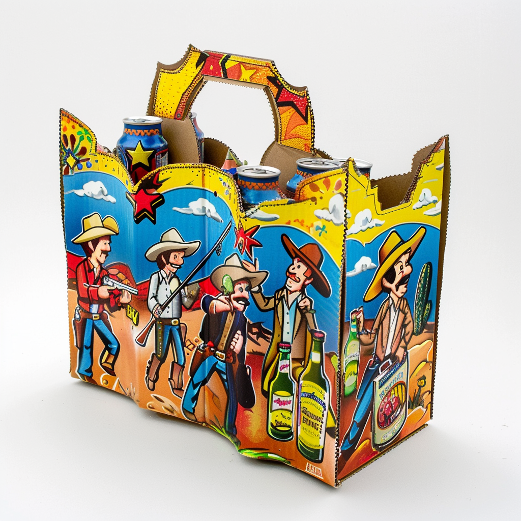 Cartoon themed beer carrier with Western design on white background.