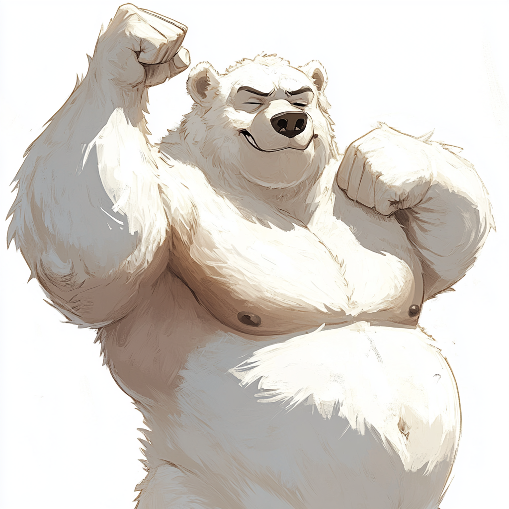 Cartoon white bear flexing bicep with smug expression