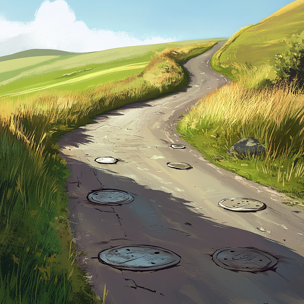 Cartoonish potholes on winding road with grassy edges