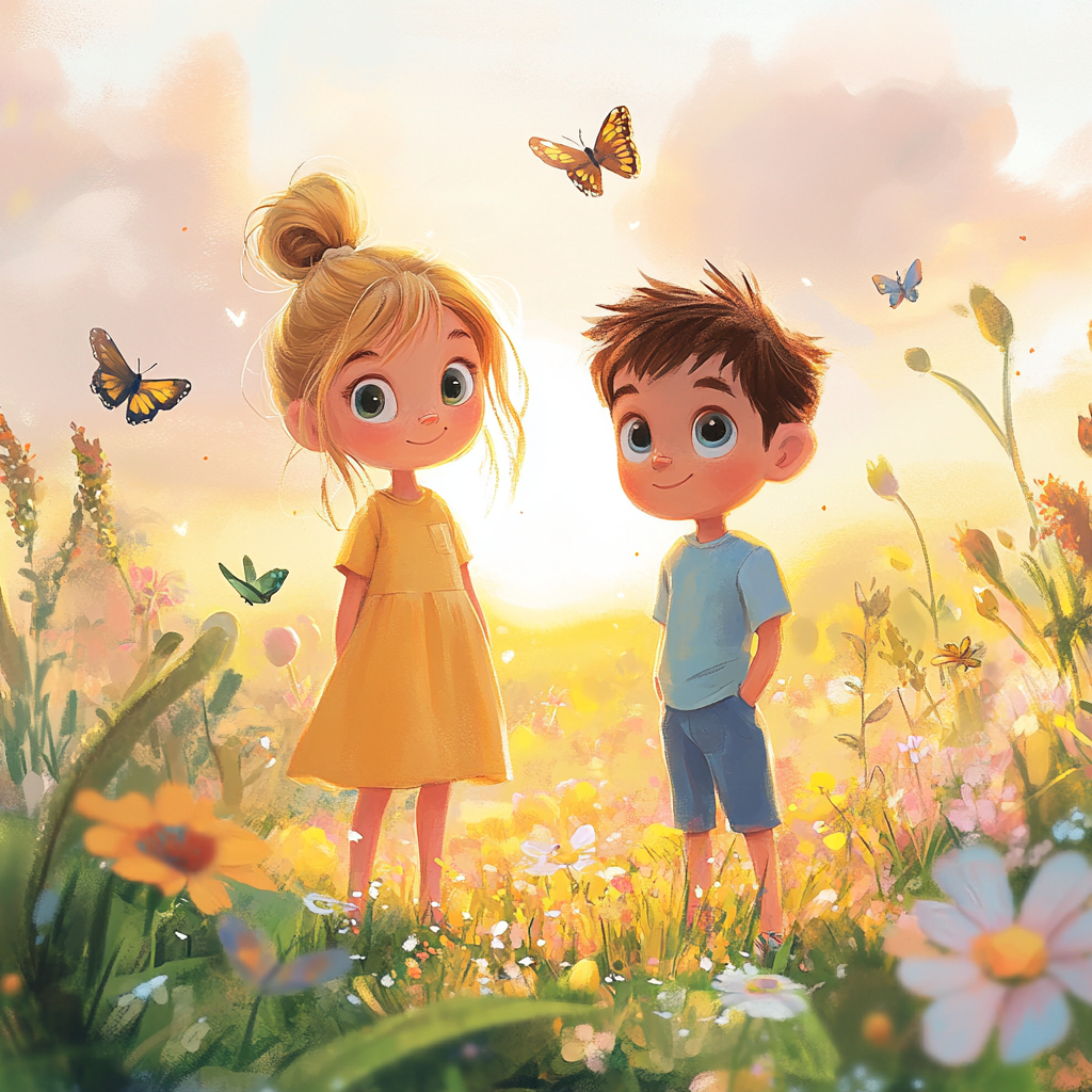 Cartoony Kids in Garden Sunset - 3D Animation