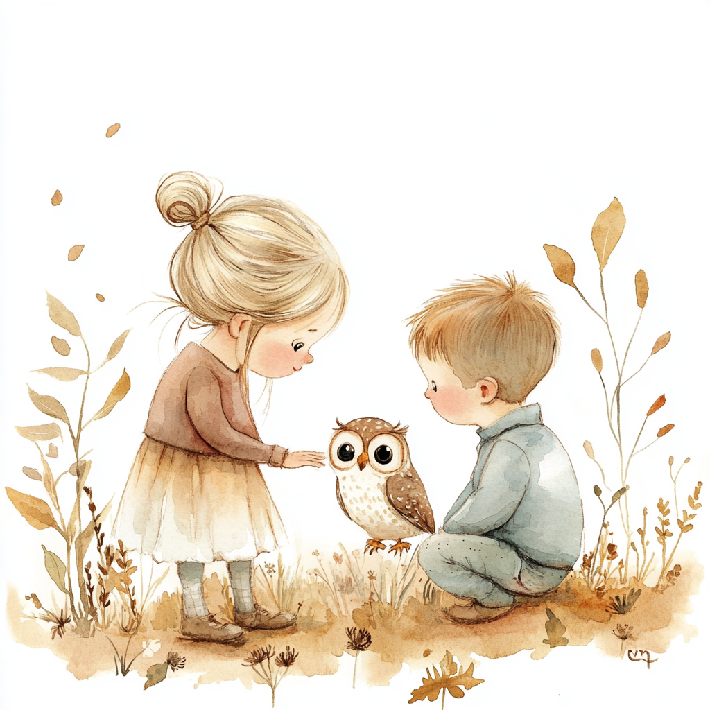 Cartoony Kids with Owl at Sunset in Watercolour