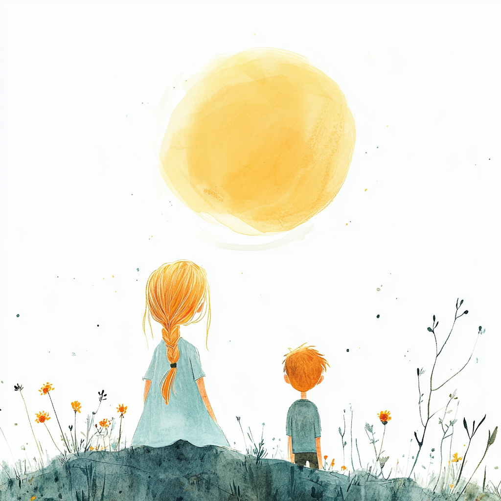 Cartoony Sunset Characters: Girl, Boy, Jon Klassen Style