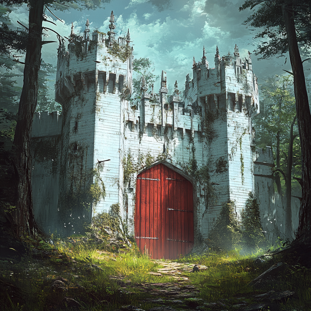 Castle made of white planks, red gate, forest background.