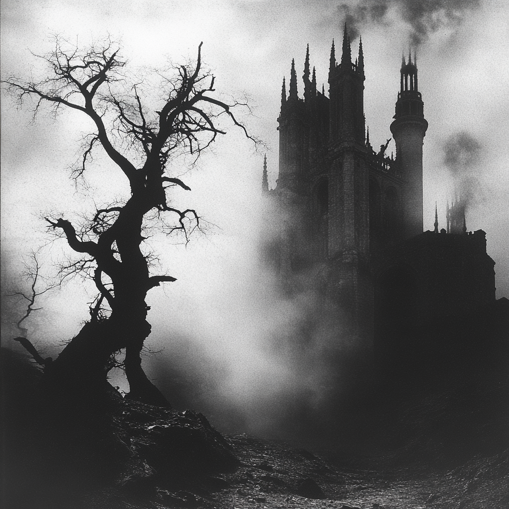 Castle of darkness with trees, towers, Gothic elements