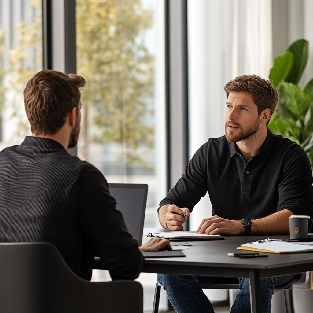 Casual job interview with two men in office