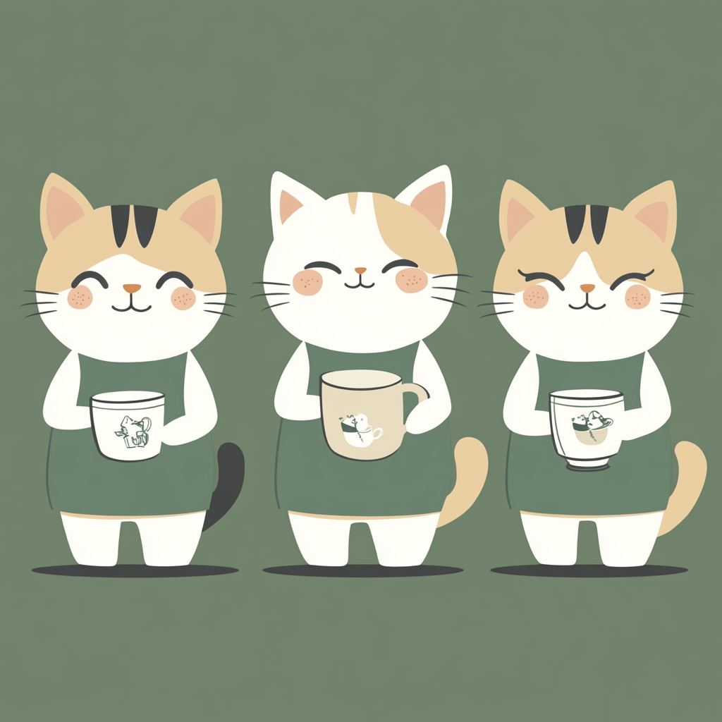 Cat Barista with Tea Pattern in 3 Poses