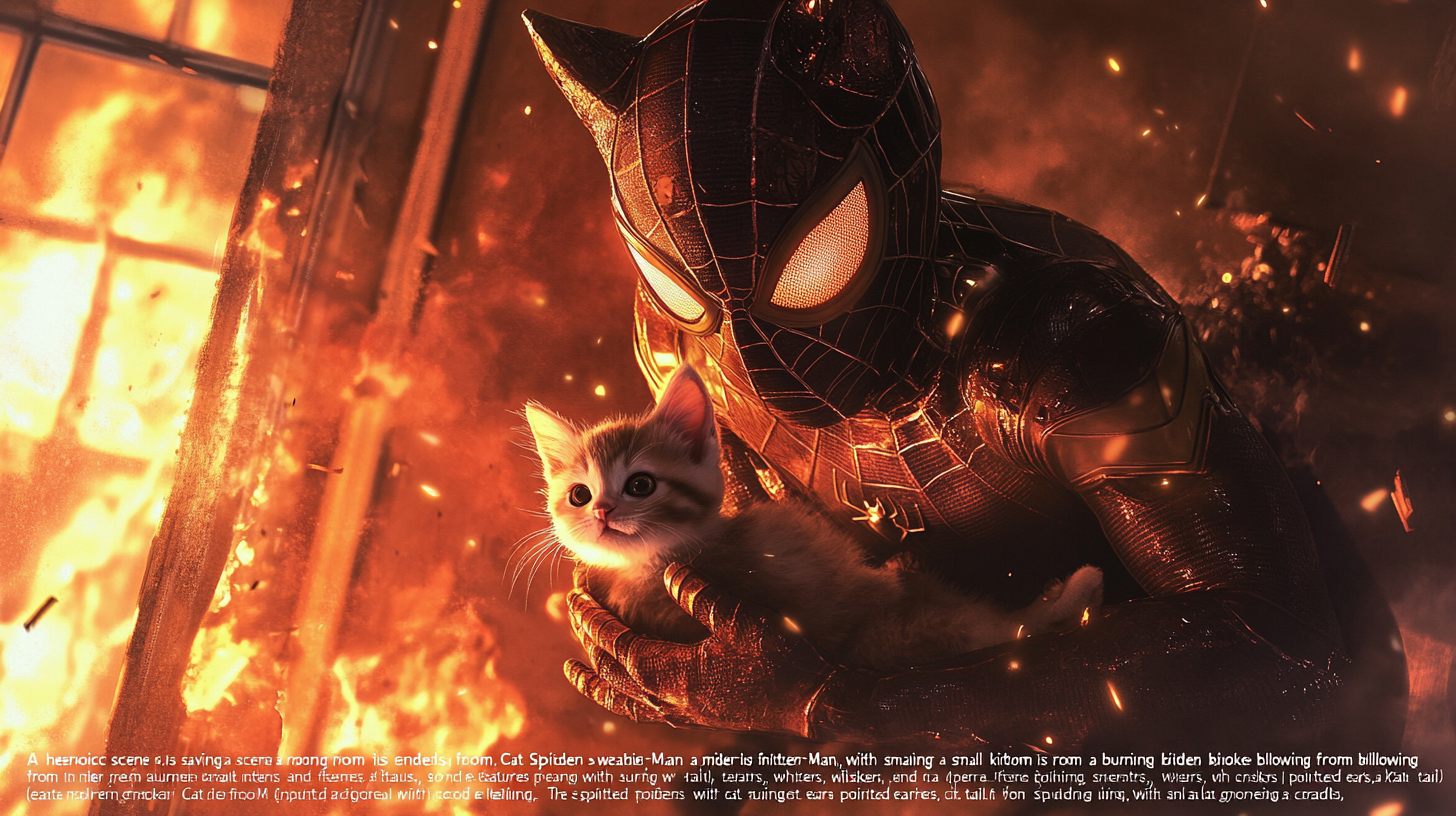 Cat Spider-Man saves kitten from burning room dramatically.