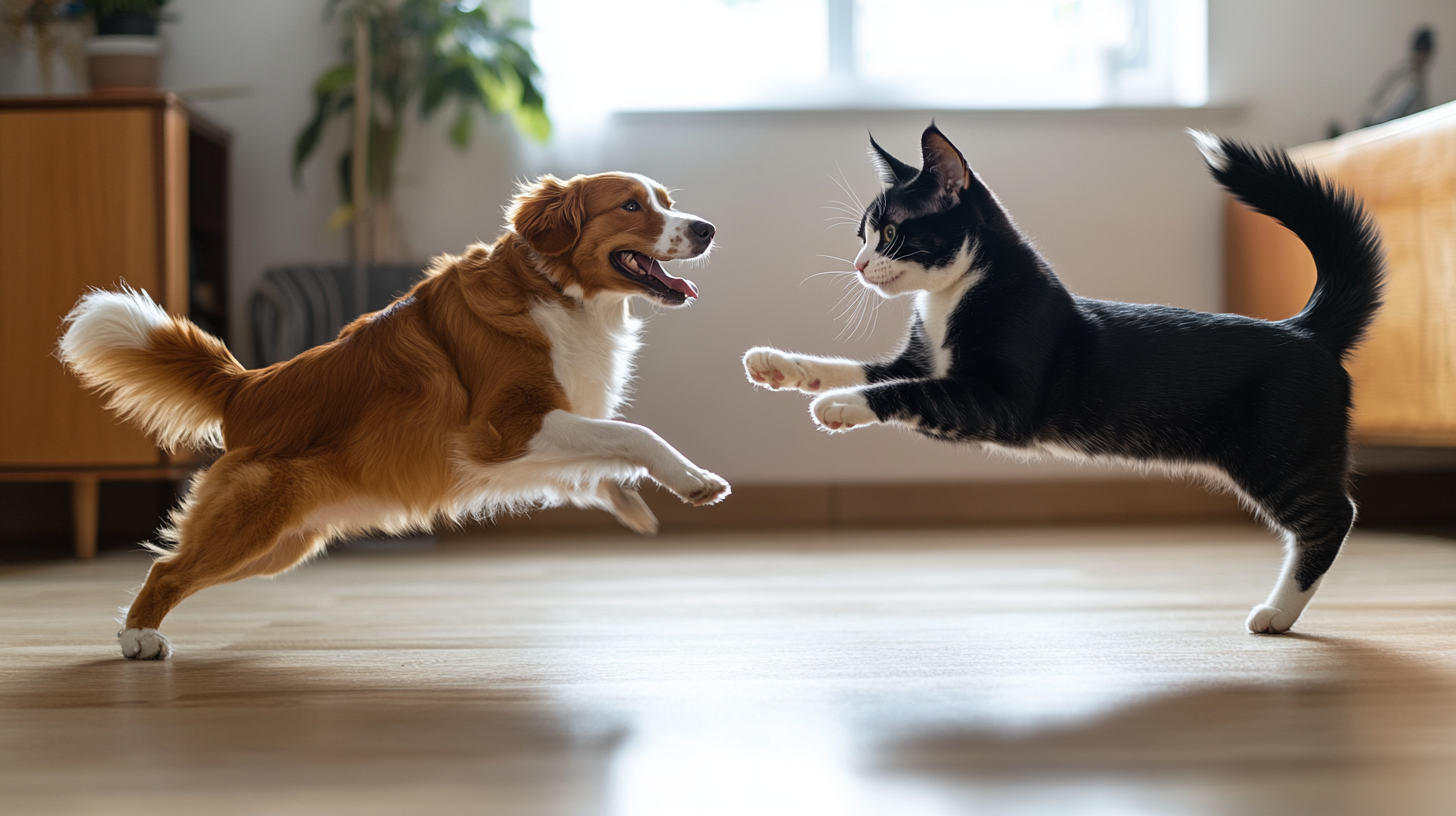 Cat and Dog Playing in Living Room