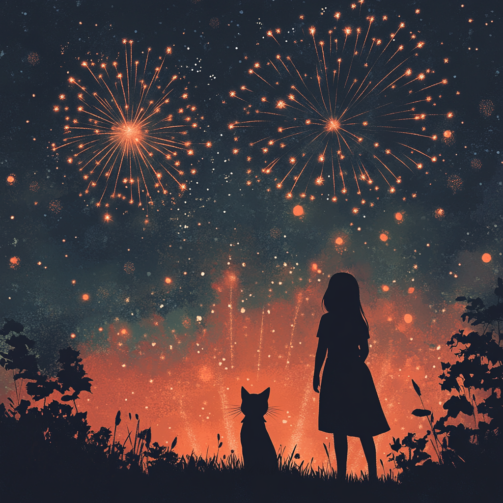 Cat and woman look at fireworks on night sky.