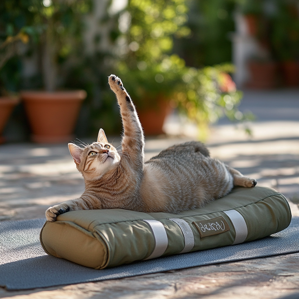 Cat doing yoga on Alo Yoga bag outdoors.