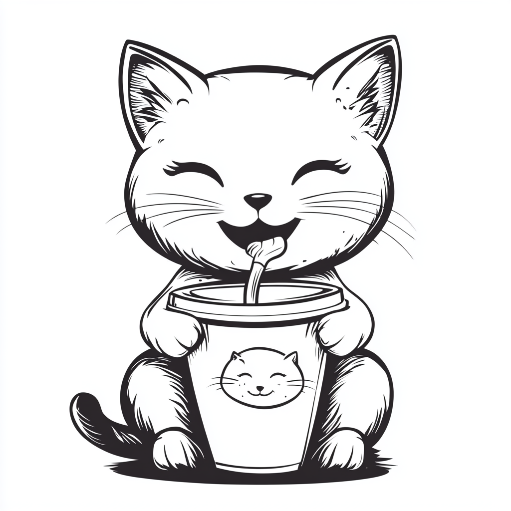 Cat enjoys latte with logo cup, smiling